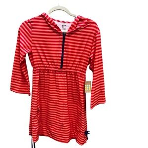 Title Nine Nimblene Athletic Dress Quick Dry Red Striped Hood Swim Coverup XS